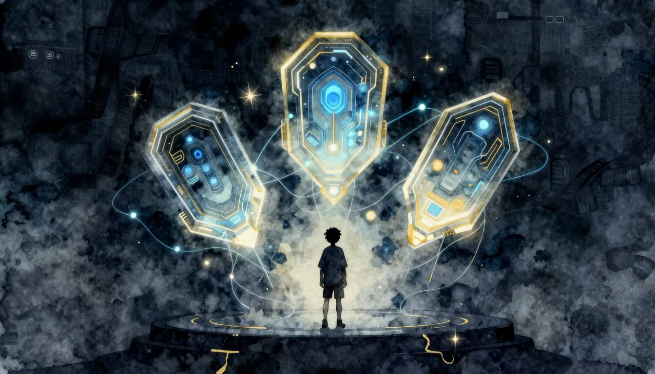 Watercolor style. A futuristic glowing artifact in three pie...