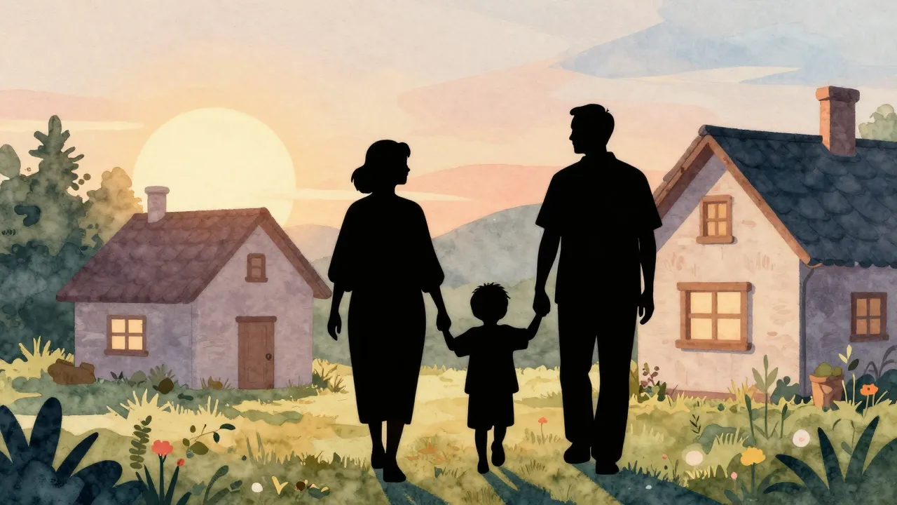 Watercolor style. Silhouettes of two older adults and a smal...