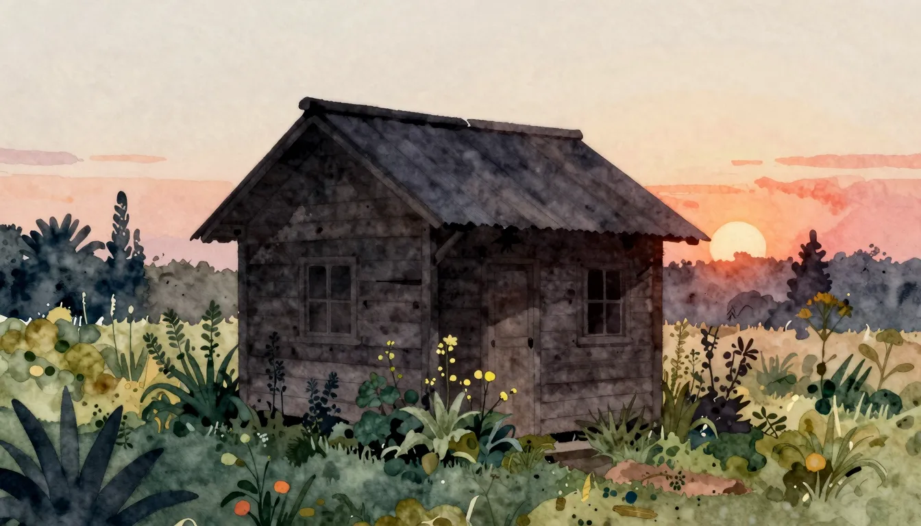 Watercolor style. A silhouette of a small wooden house in a ...