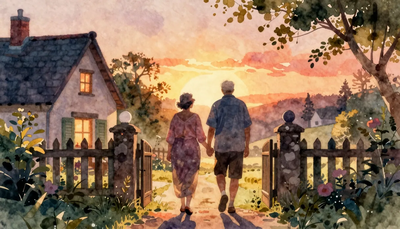Vibrant watercolor style. An elderly couple's silhouettes ho...