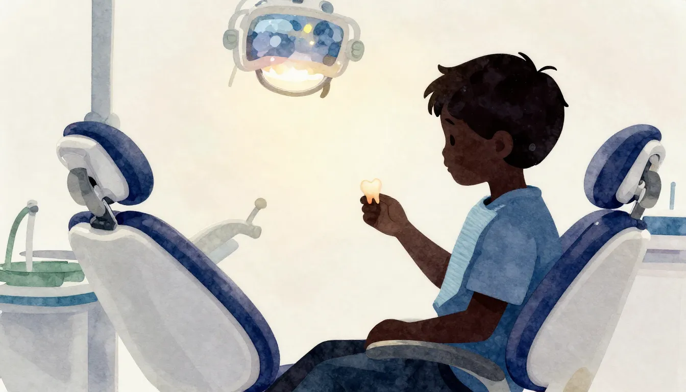 Watercolor style. A silhouette of a child sitting in a denti...