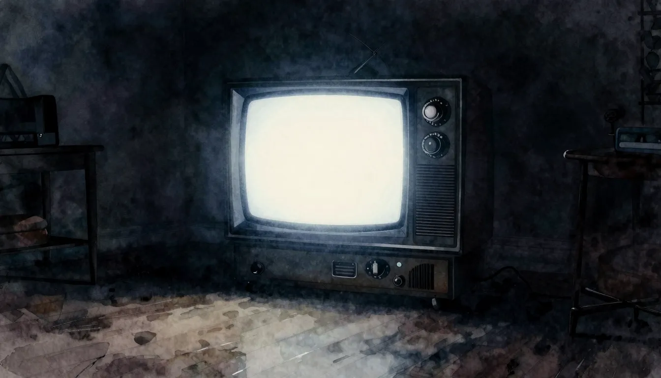 Watercolor style. A glowing television set in a dark empty r...
