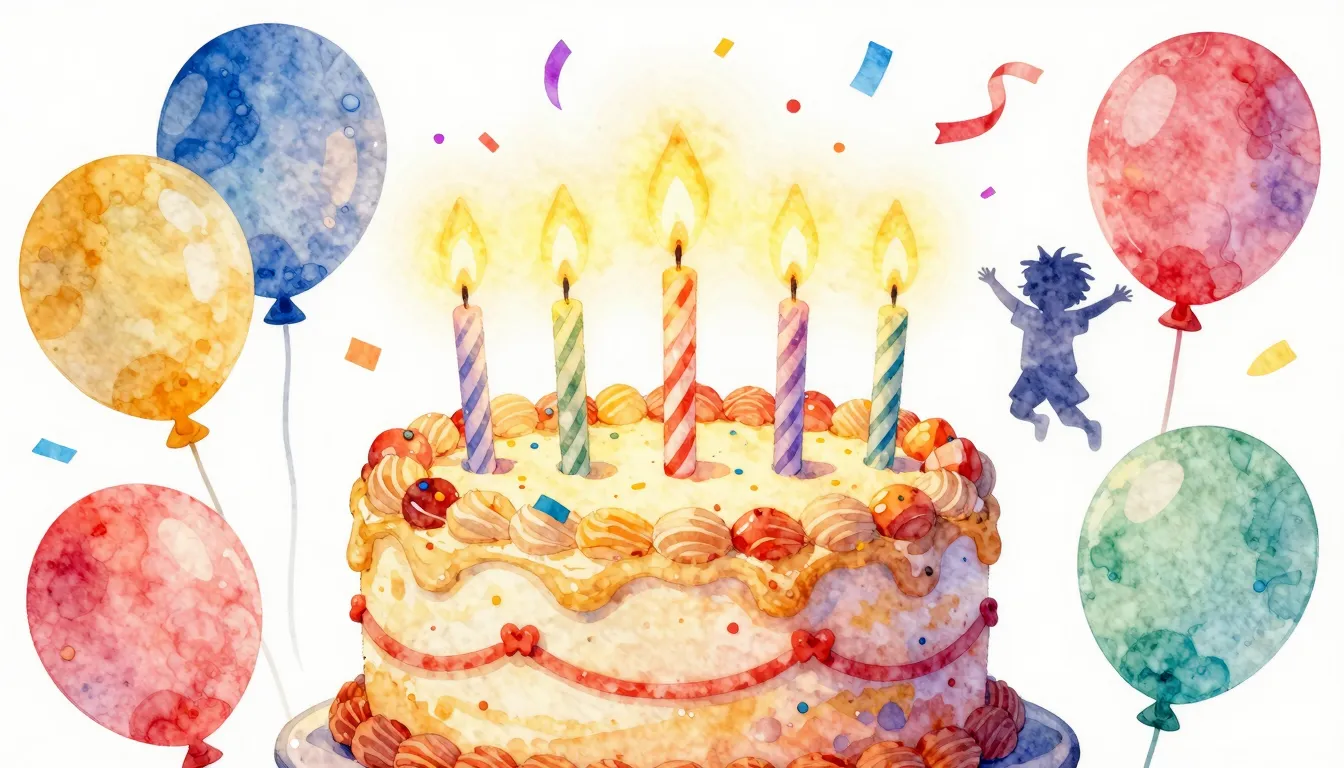 Watercolor style. A bright festive birthday cake with 6 glow...