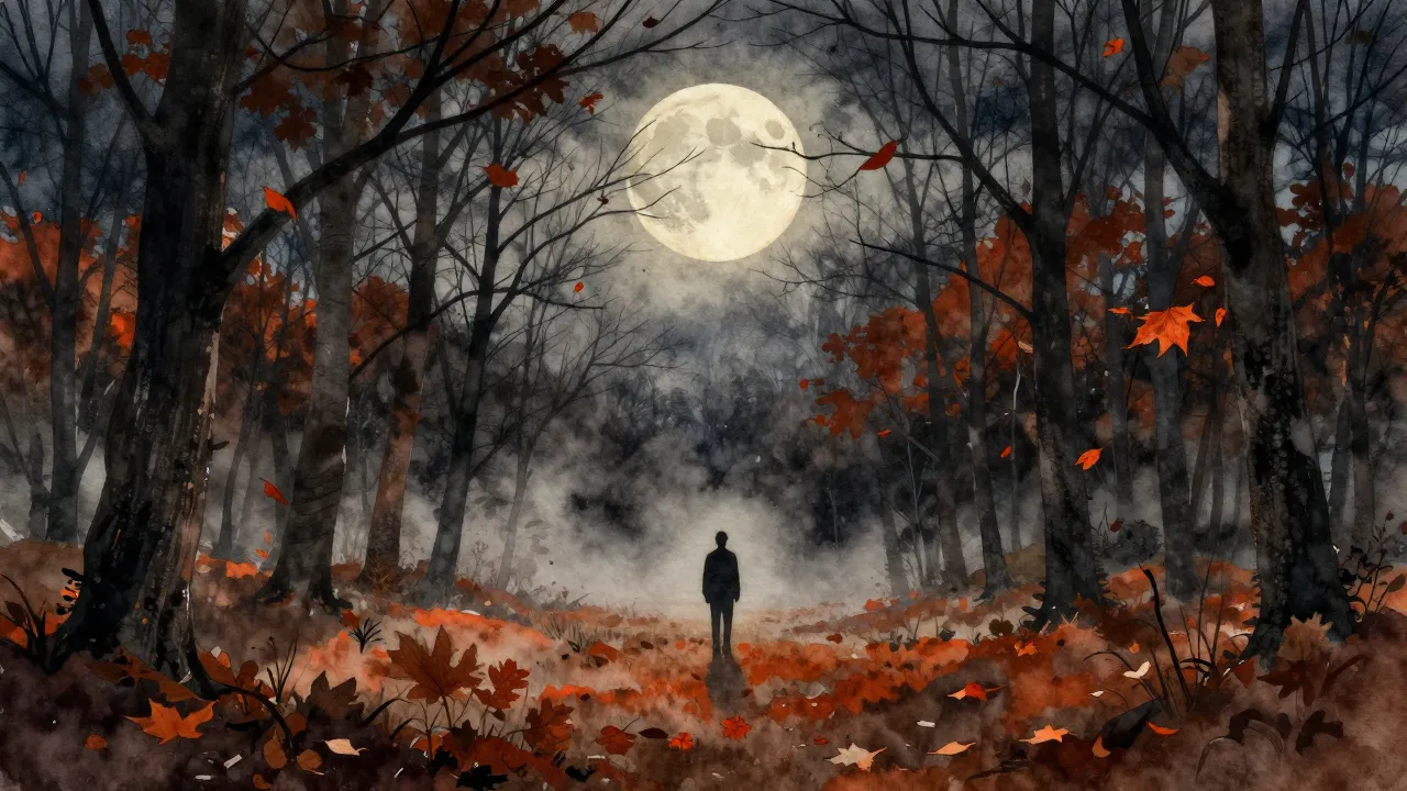 Watercolor style. A dark autumn forest with bare trees, fall...