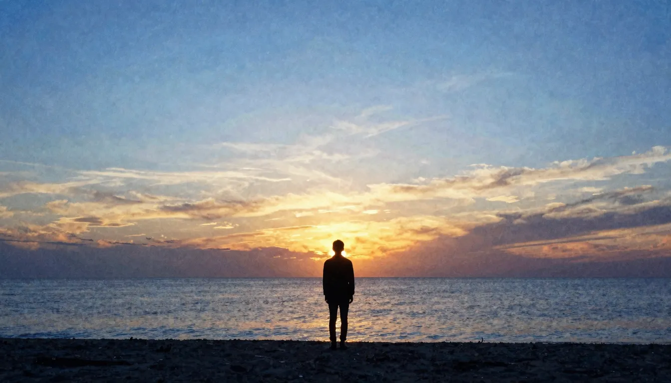 Vibrant watercolor style. A lonely silhouette standing on a ...