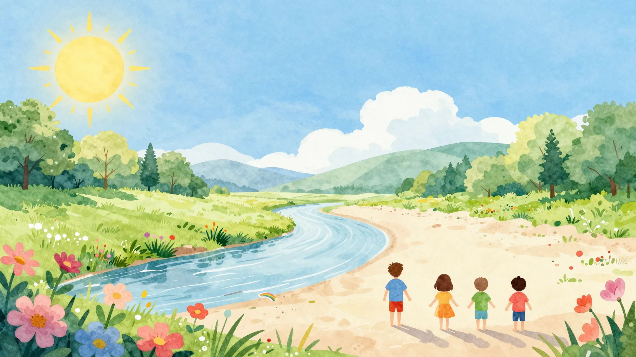 Watercolor style. Bright summer landscape, shining sun, bloo...