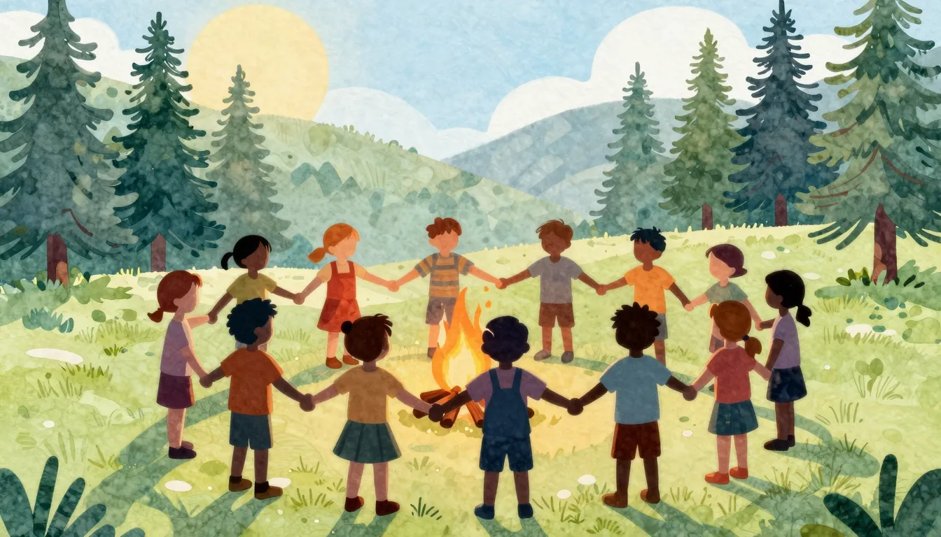 Watercolor style. Silhouettes of children holding hands in a...
