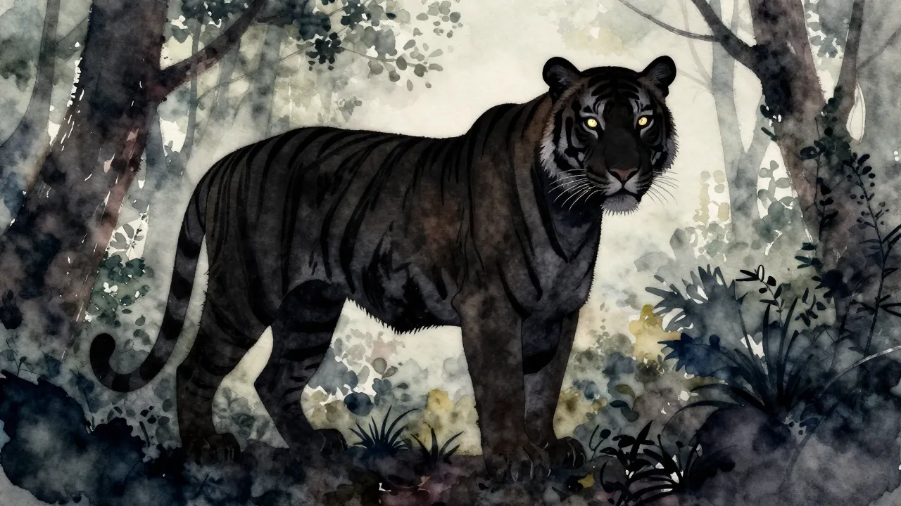 Watercolor style. Silhouette of a majestic tigress in a dark...