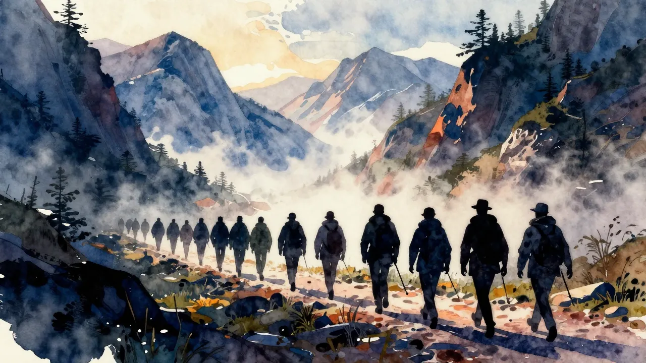 Vibrant watercolor style. A cinematic landscape featuring a ...