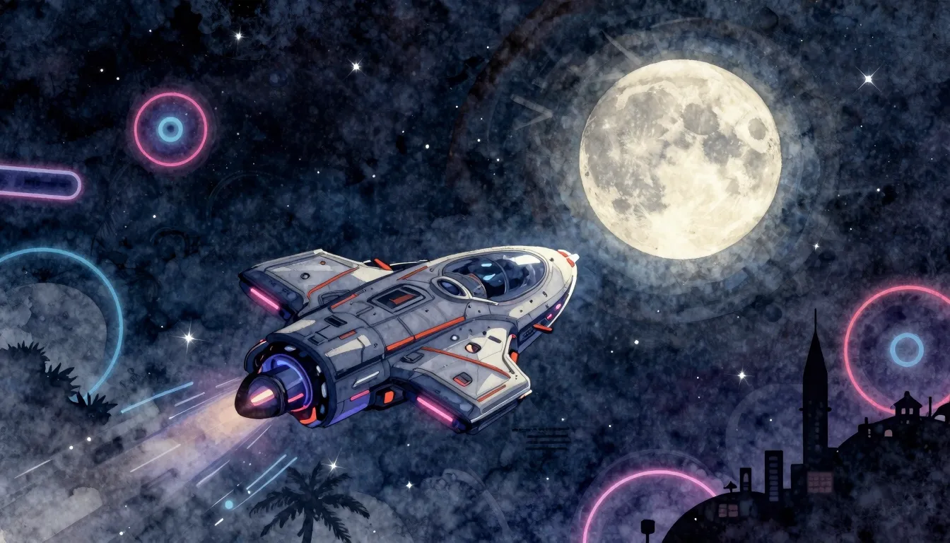 Watercolor style. A futuristic spaceship flying towards a gl...