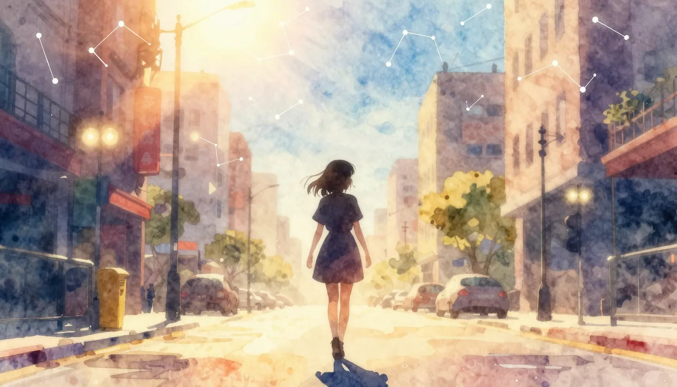 Vibrant watercolor style. A silhouette of a girl walking dow...