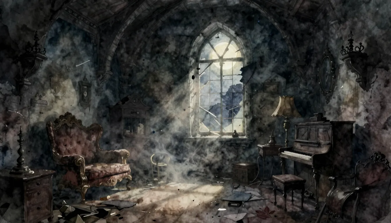 Watercolor style. Dark gothic castle interior, moonlight shi...