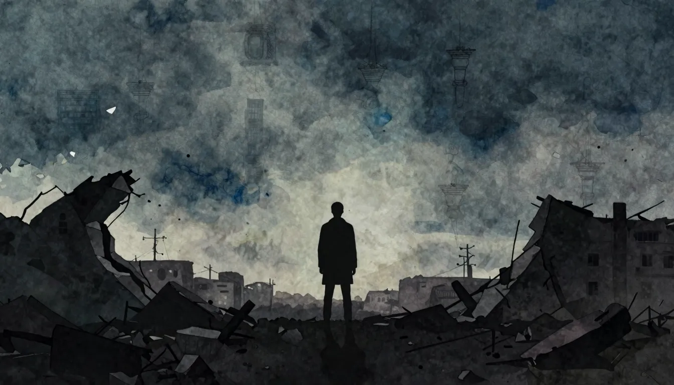 Vibrant watercolor style. A dark, cinematic silhouette of a ...