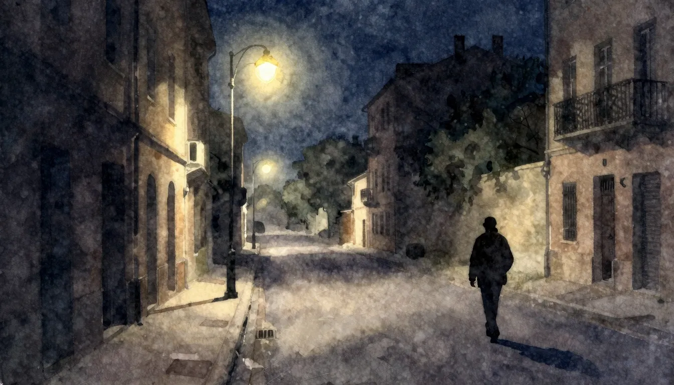 Watercolor style. Night city street, empty avenue, glowing s...