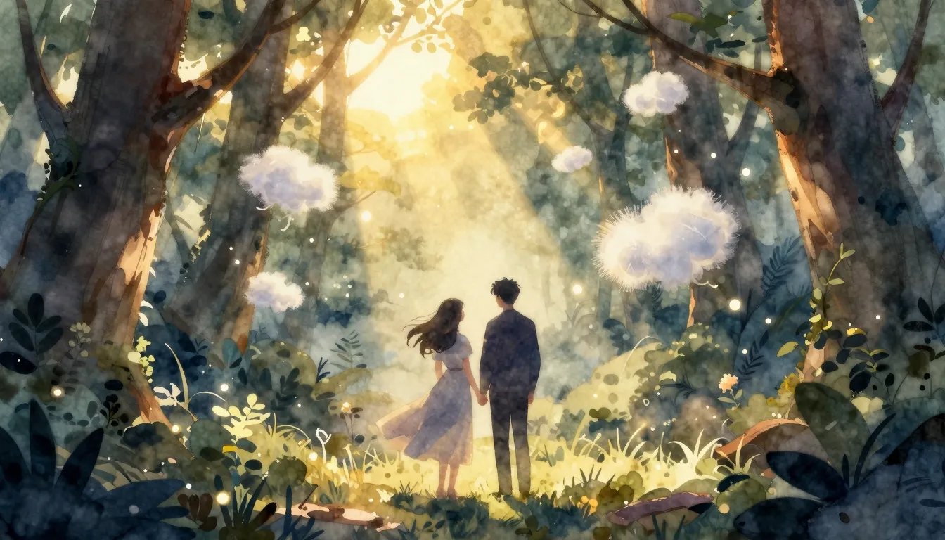 Watercolor style. A magical forest scene with floating white...