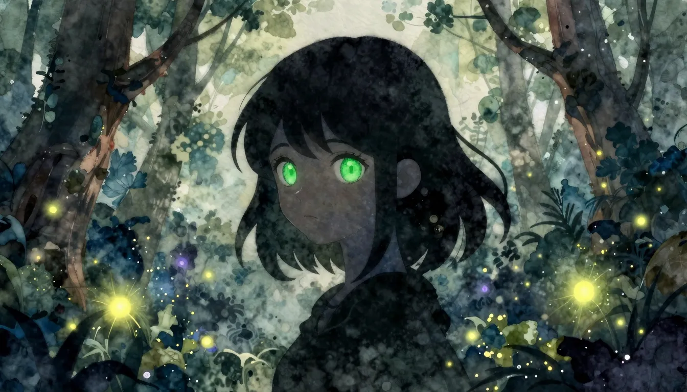 Watercolor style. A silhouette of a girl with bright green e...