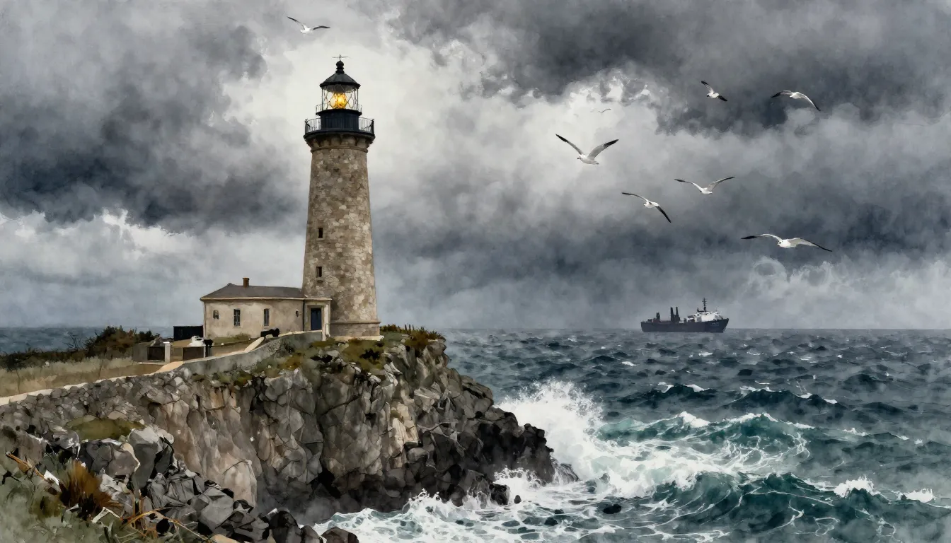 Watercolor style. A tall stone lighthouse on a steep cliff, ...