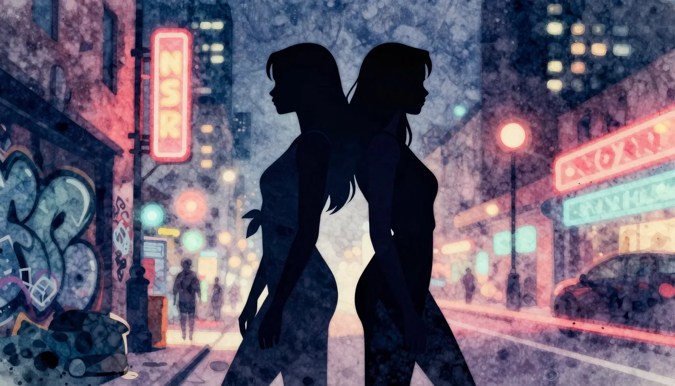 Watercolor style. Two female silhouettes standing back to ba...