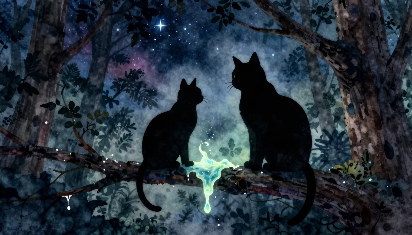 Watercolor style. Two cat silhouettes sitting on a tree bran...