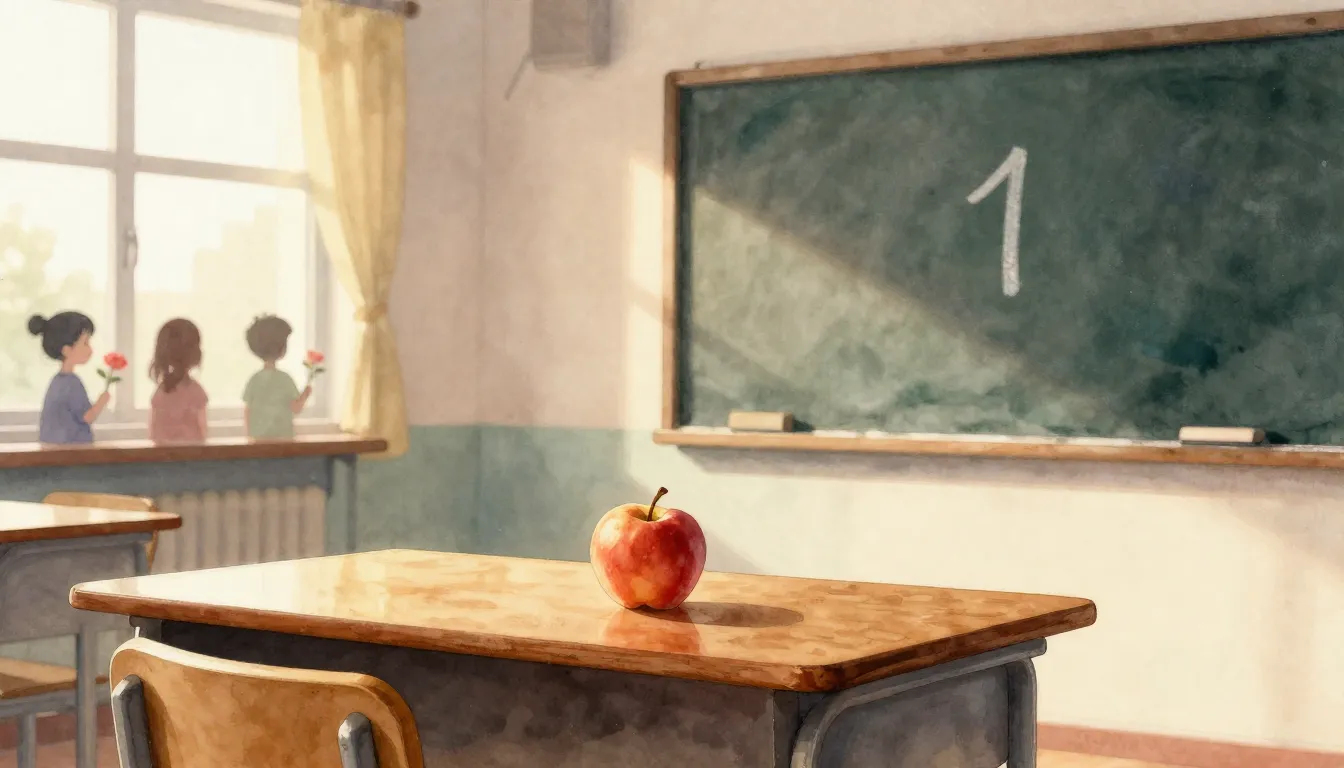 Watercolor style. A cozy classroom setting with a desk, an a...