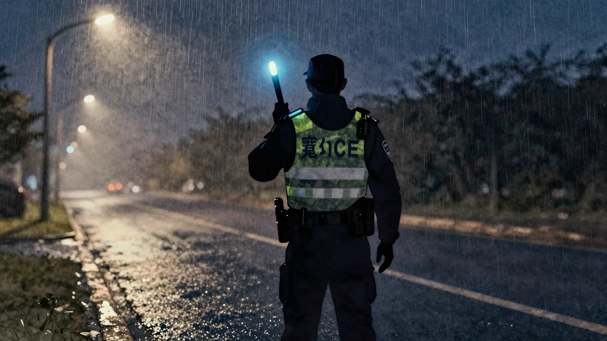 Watercolor style. A silhouette of a traffic police officer w...
