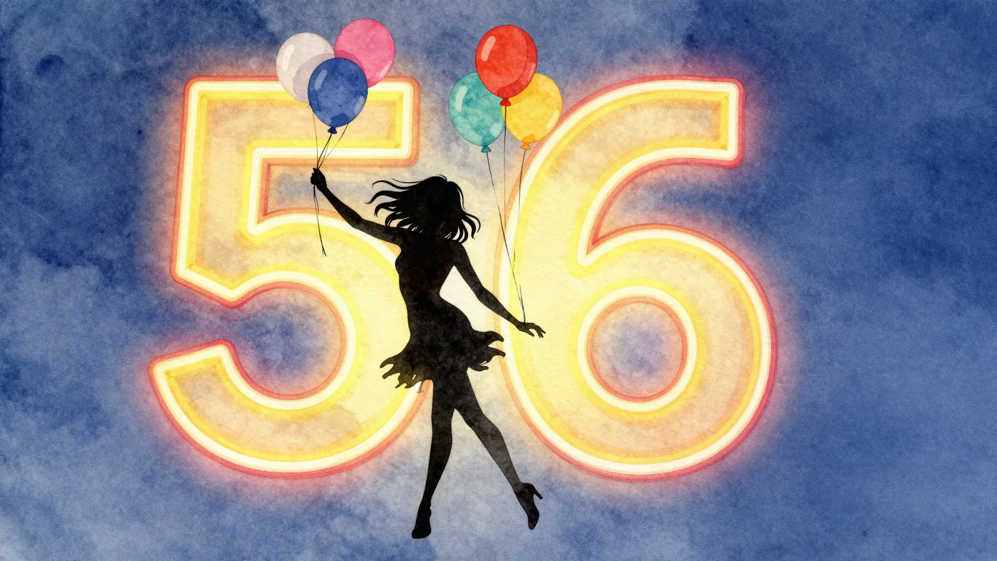 Watercolor style. Silhouette of a dancing woman with balloon...
