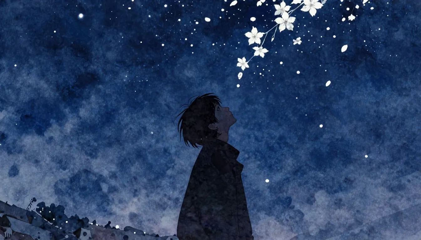 Vibrant watercolor style. A silhouette of a person looking u...