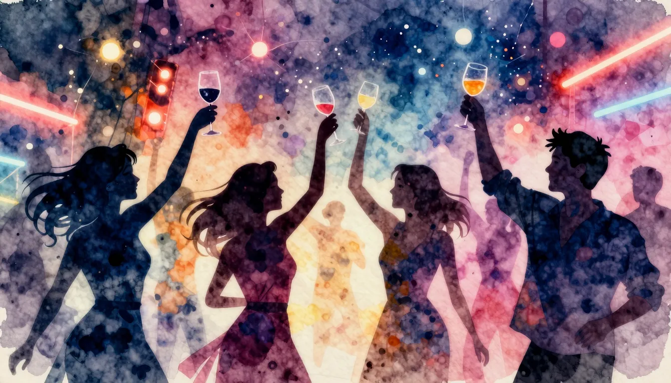 Vibrant watercolor style. A vibrant, energetic dance party a...