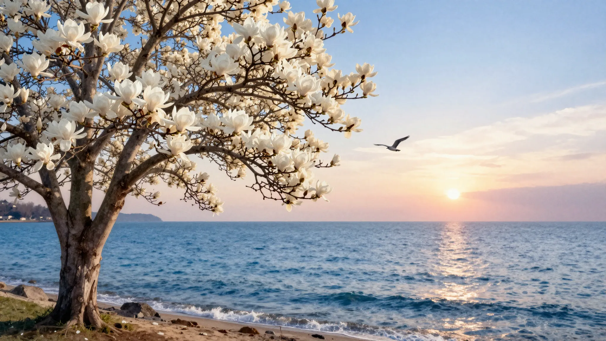 Watercolor style. Beautiful blooming white magnolia tree nea...