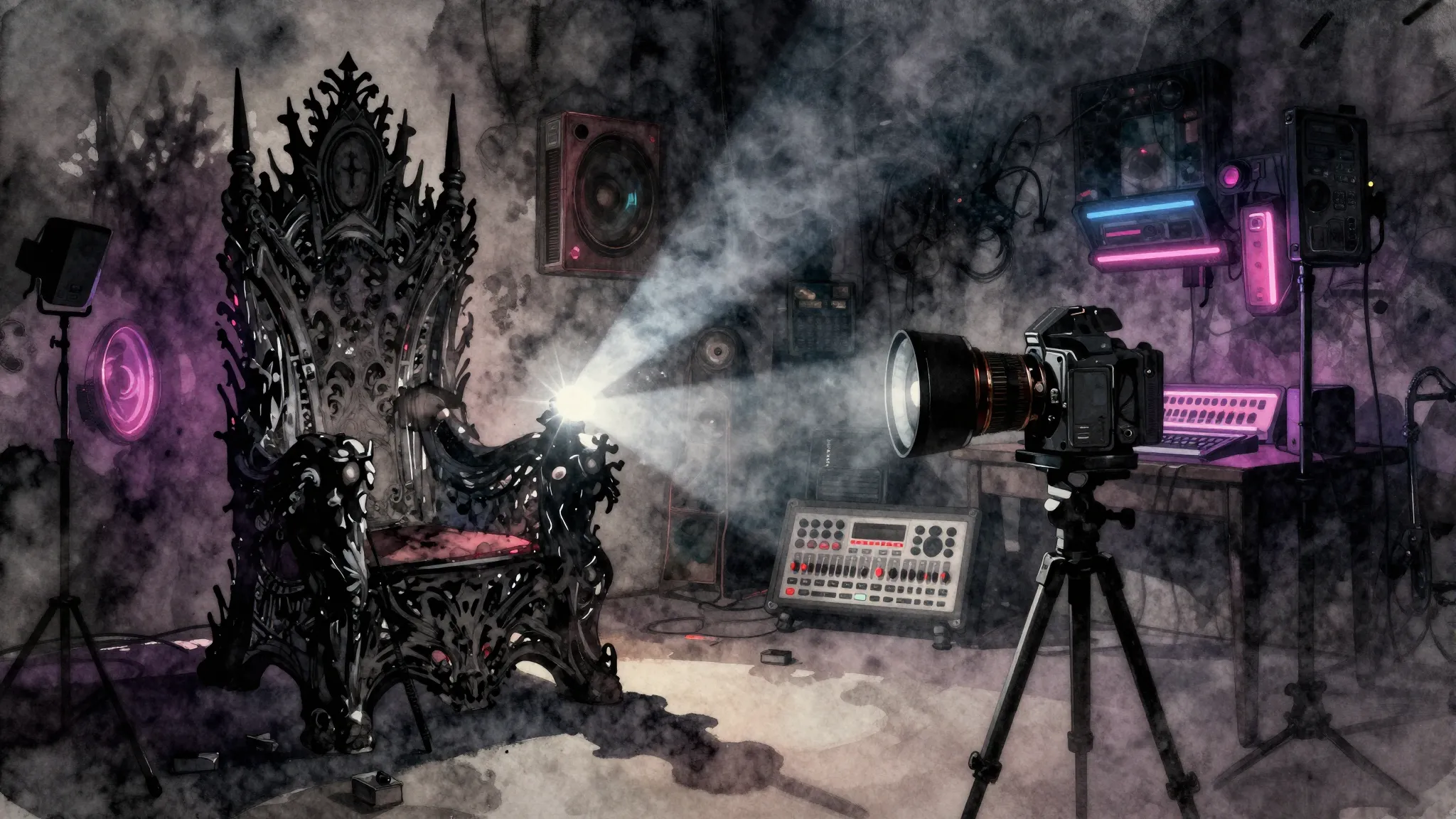 Watercolor style. Dark urban studio setting, gothic throne s...