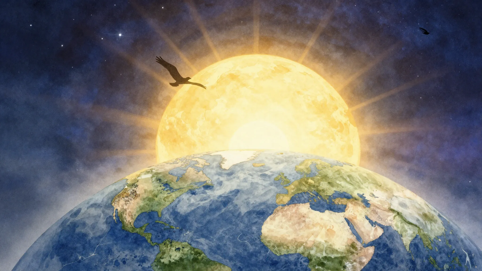 Watercolor style. A golden sun rising over a peaceful planet...