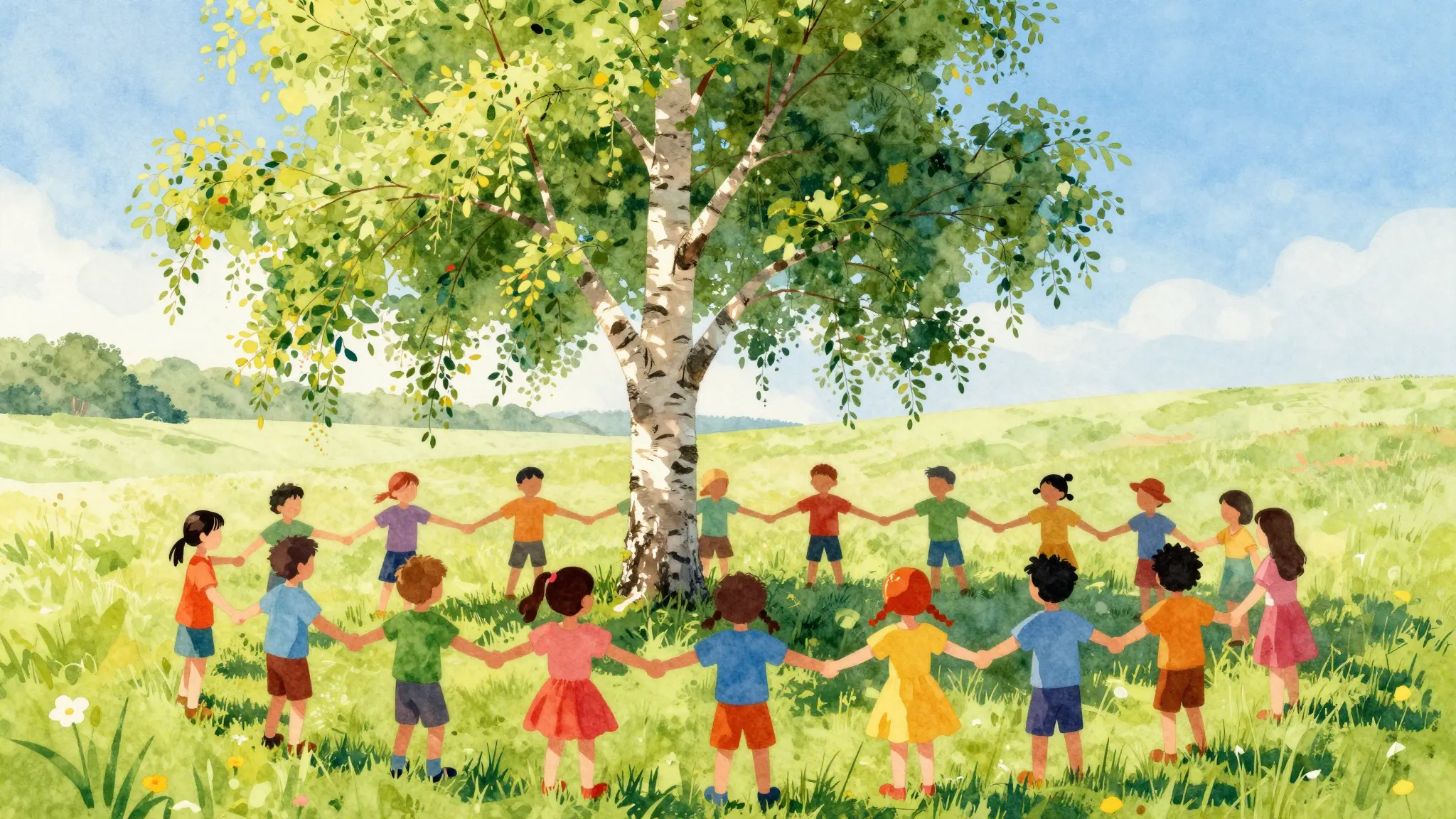 Vibrant watercolor style. A young birch tree in the center o...