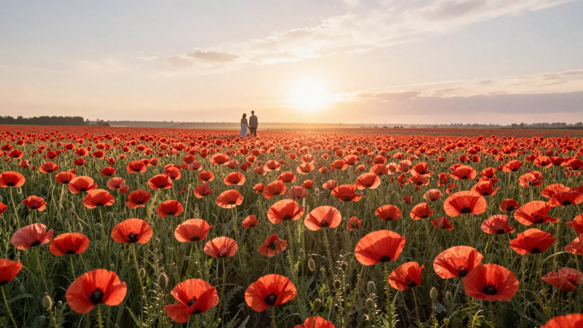 Watercolor style. A vast field of bright red poppies at sunr...