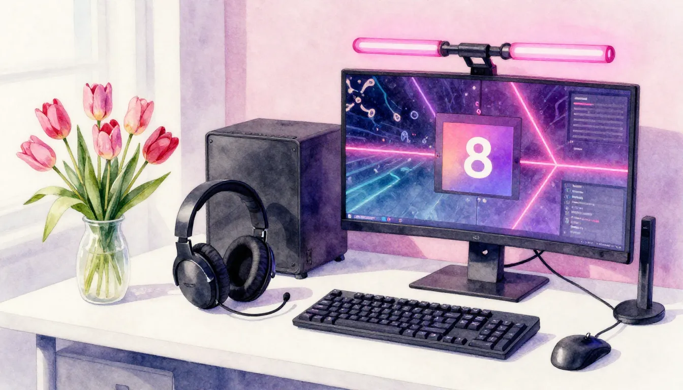 Watercolor style. A bright digital streaming setup room, pin...