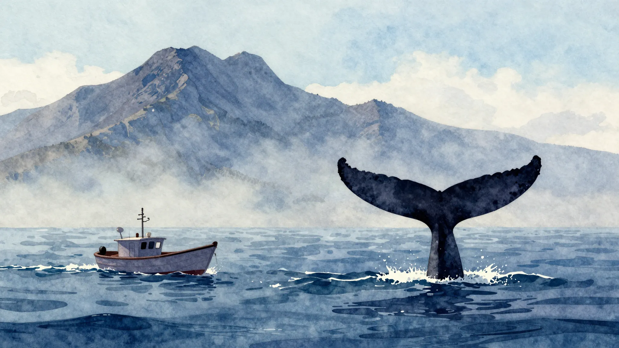 Watercolor style. Silhouette of a small boat in the beautifu...