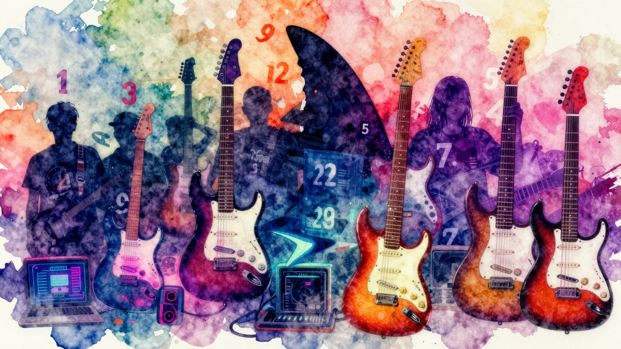 Vibrant watercolor style. Rock music album cover, a stylized...