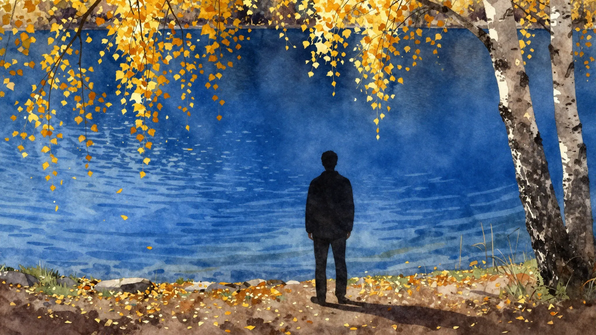 Vibrant watercolor style. A lonely silhouette of a man stand...