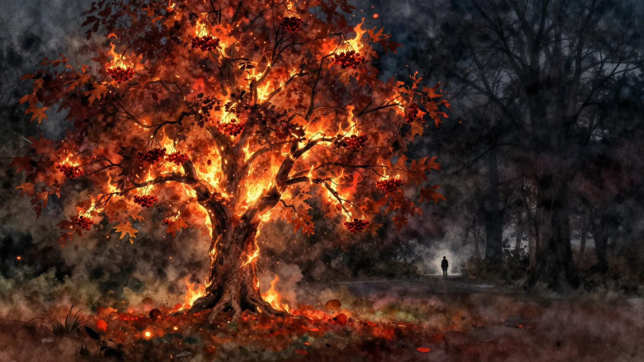 Vibrant watercolor style. Metalcore album cover art, a burni...