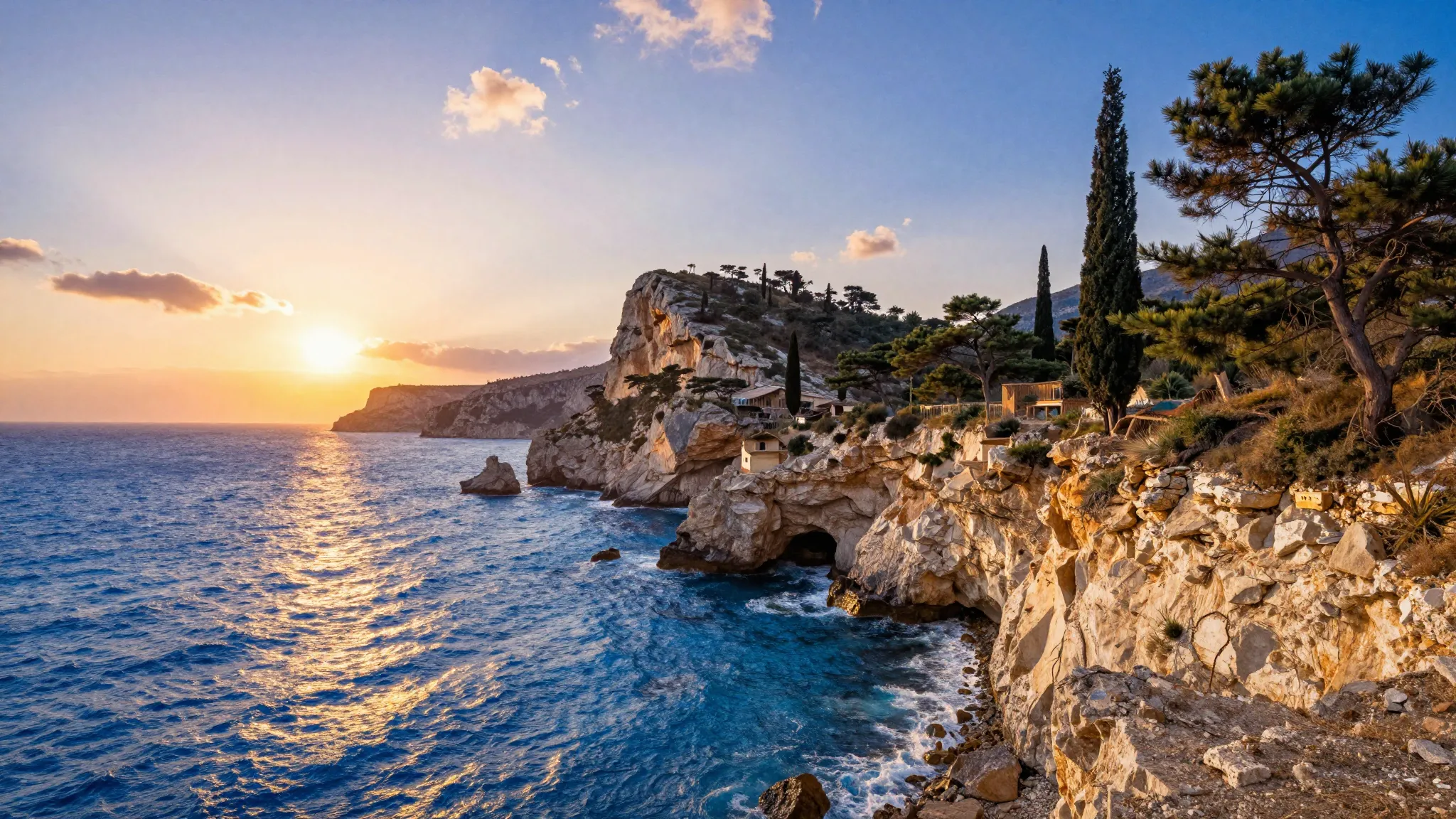 Vibrant watercolor style. Cinematic landscape of the Crimean...