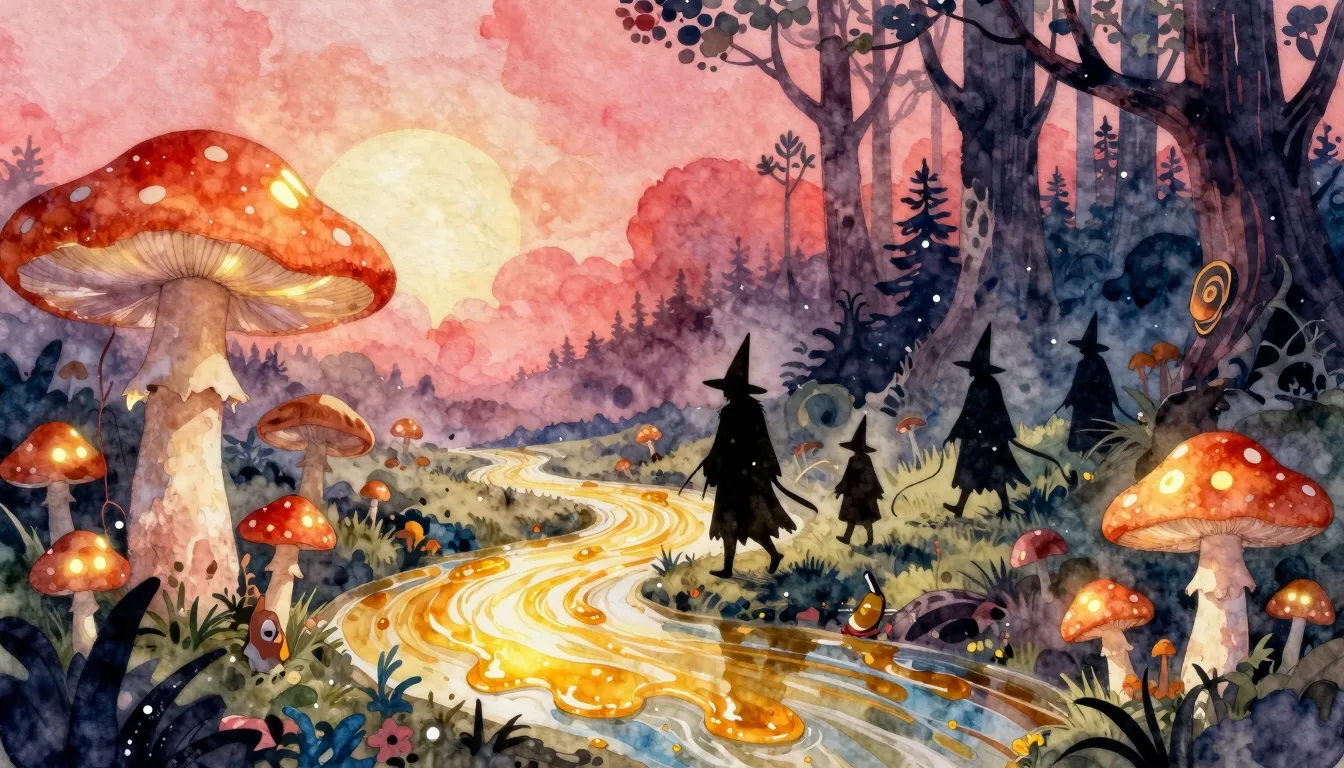 Vibrant watercolor style. A surreal dreamlike landscape with...