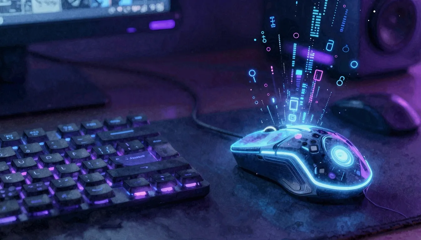 Watercolor style. A glowing computer mouse and keyboard on a...