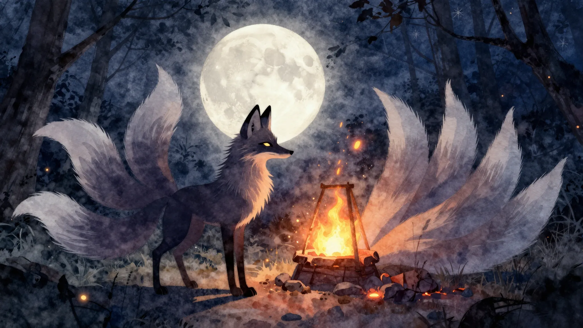 Watercolor style. A silhouette of a nine-tailed fox under a ...