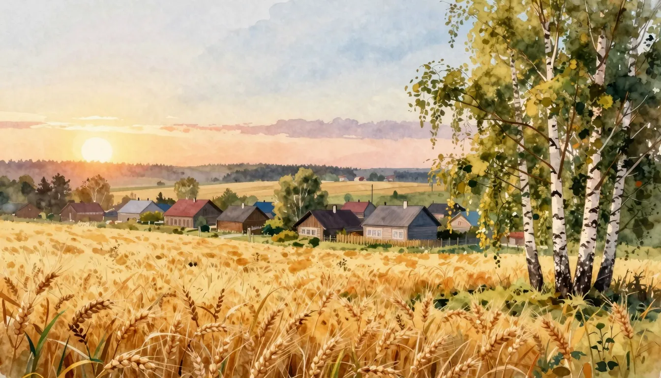 Vibrant watercolor style. A picturesque Russian village land...