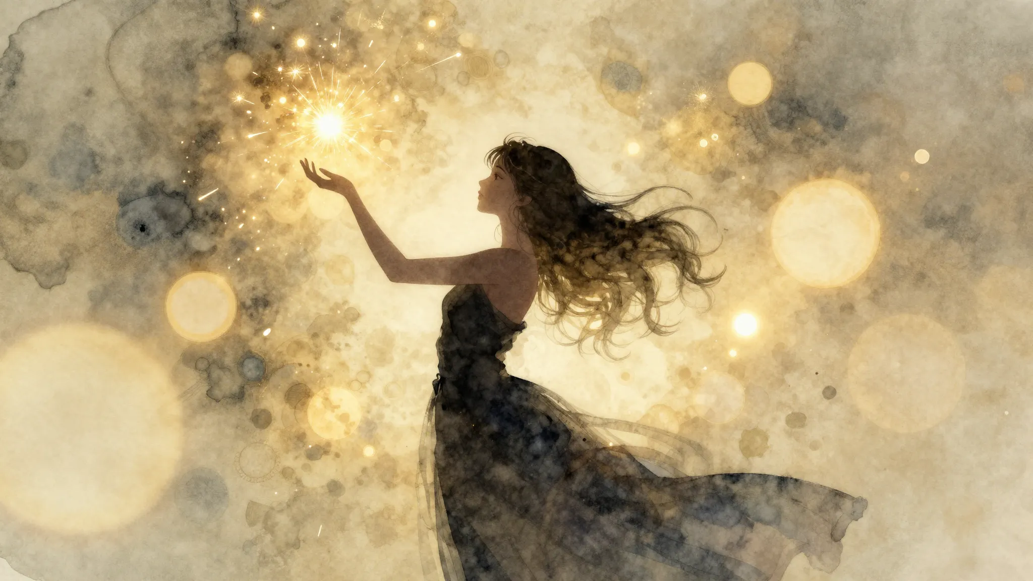 Watercolor style. Silhouette of a graceful female figure hol...
