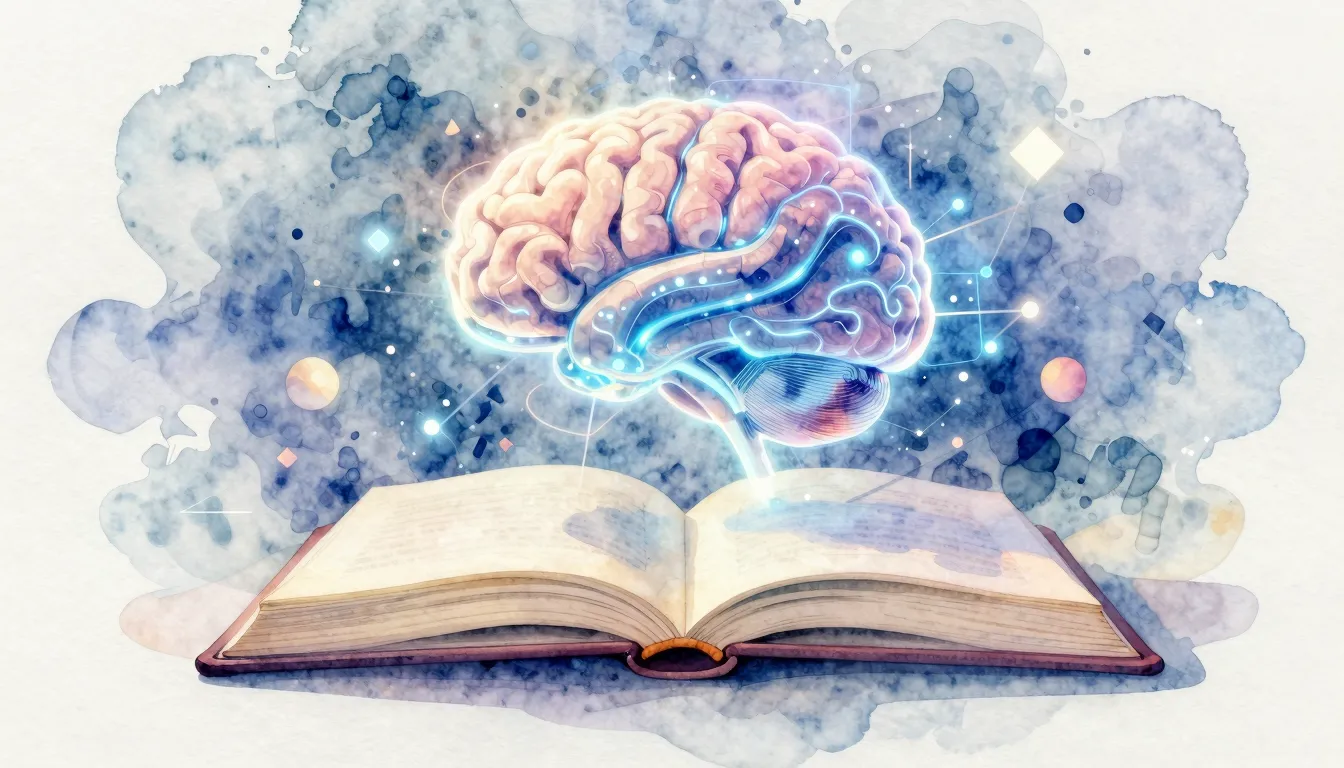 Watercolor style. A glowing digital brain floating above an ...