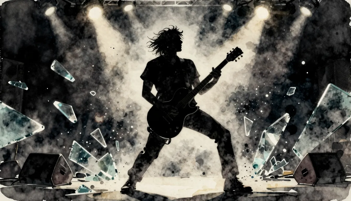 Watercolor style. Silhouette of a rock guitarist playing pas...