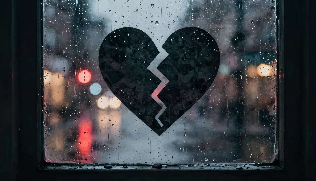 Watercolor style. Dark silhouette of a broken heart on a rai...