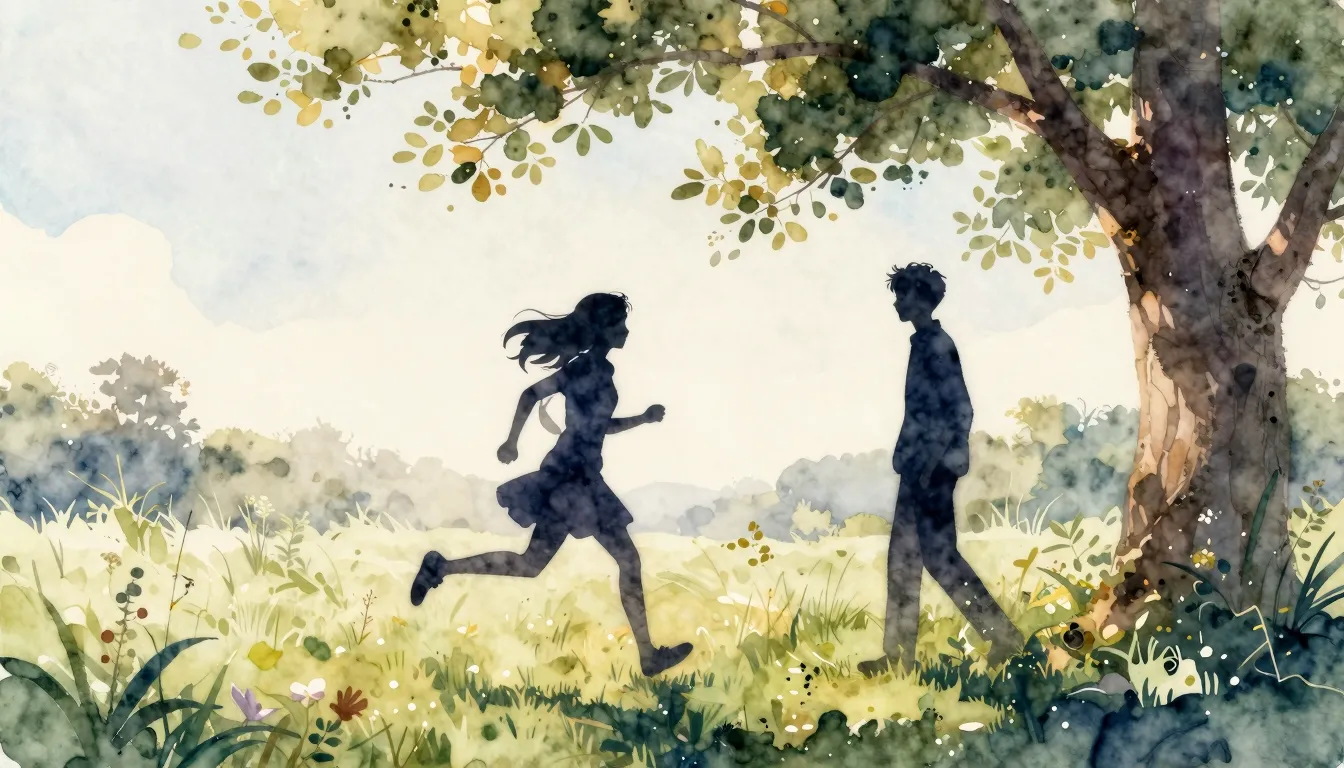 Watercolor style. Silhouette of a girl running towards a sil...