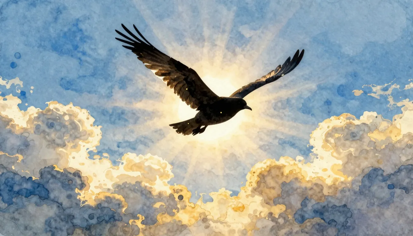 Watercolor style. A silhouette of a bird soaring high in the...
