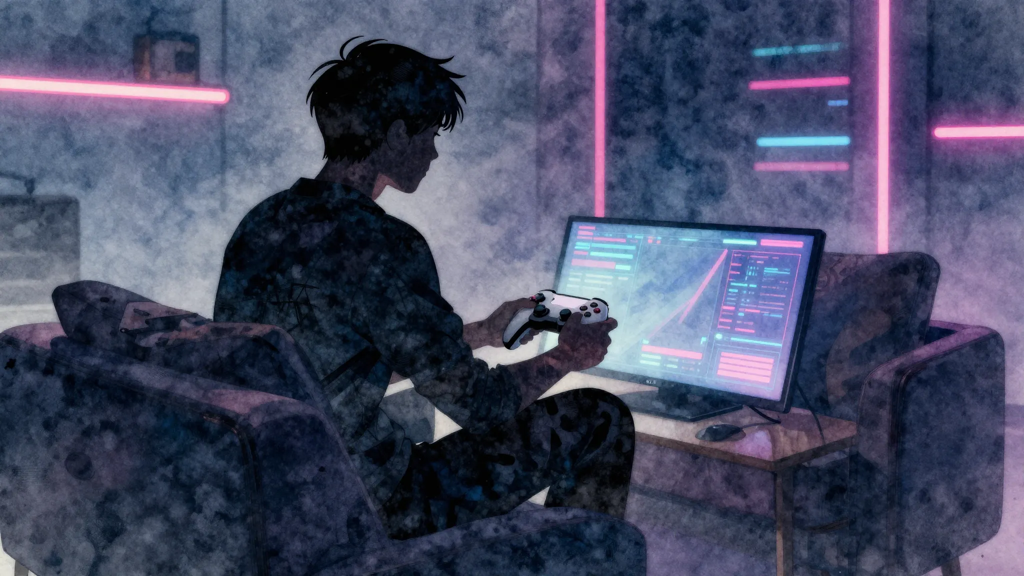 Watercolor style. Silhouette of a person sitting on a couch ...